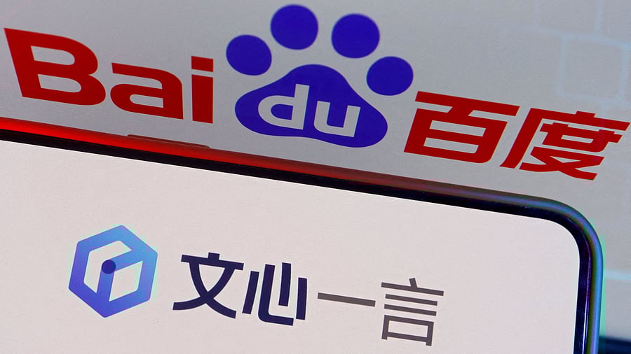 <div class="paragraphs"><p>The logo of Baidu's AI chatbot Ernie Bot is displayed near a screen showing the Baidu logo.</p></div>