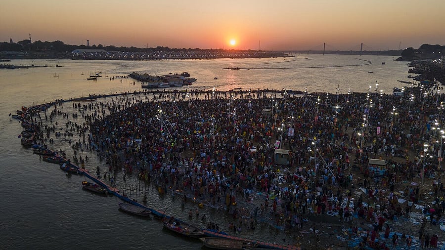<div class="paragraphs"><p>An aerial view of the Sangam area during sunset amid the ongoing ‘Maha Kumbh Mela’ festival.</p></div>