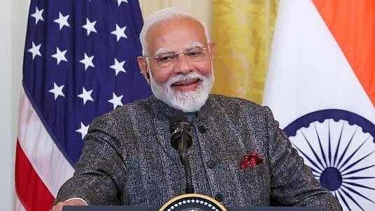 <div class="paragraphs"><p>Prime Minister Narendra Modi addresses a joint press conference with US President Donald Trump, unseen, at the White House, in Washington, DC, USA.</p></div>