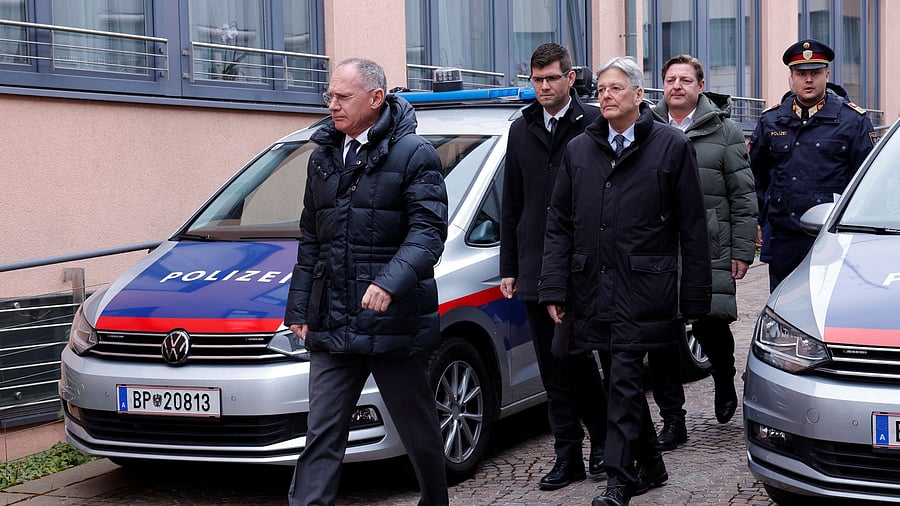 <div class="paragraphs"><p>Austrian Interior Minister Gerhard Karner, Carinthia's Governor Peter Kaiser and Günther Albel, mayor of the town of Villach arrive at a press conference outside a police station in the town of Villach, after a 14-year-old boy was killed and several others were wounded in a stabbing attack, Austria </p></div>