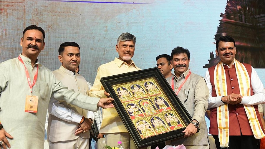 <div class="paragraphs"><p>N Chandrababu Naidu being felicitated at the&nbsp;International Temples Convention &amp; Expo.</p></div>
