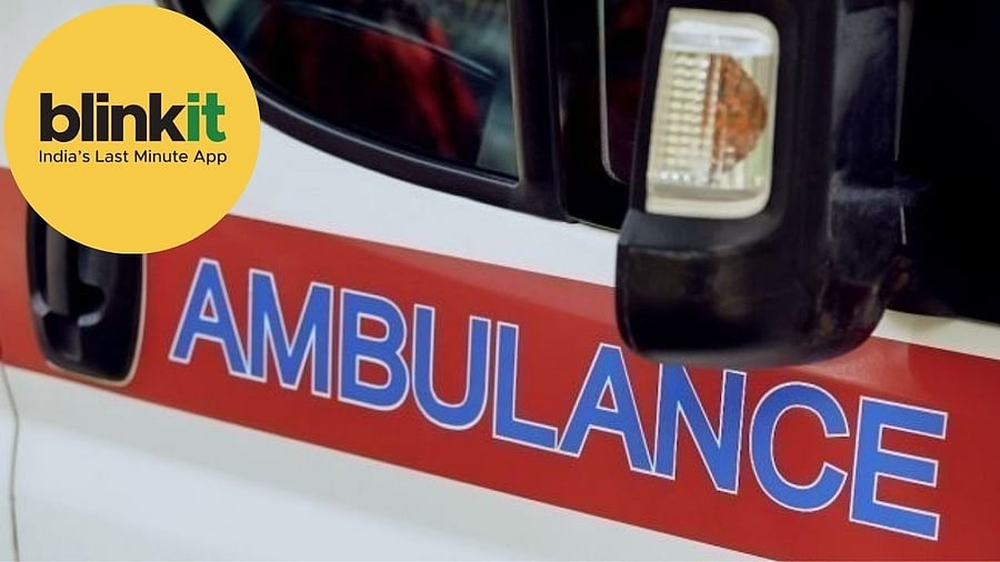 <div class="paragraphs"><p>Representative image showing and ambulance and Blinkit logo</p></div>