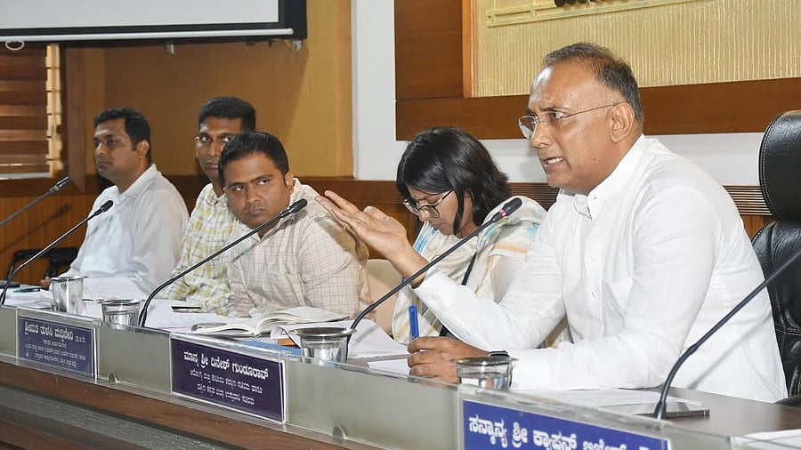 <div class="paragraphs"><p>District in-charge minister Dinesh Gundu Rao during the KDP meeting held at Nethravathi hall of Zilla Panchayat in Mangaluru on Monday. </p></div>