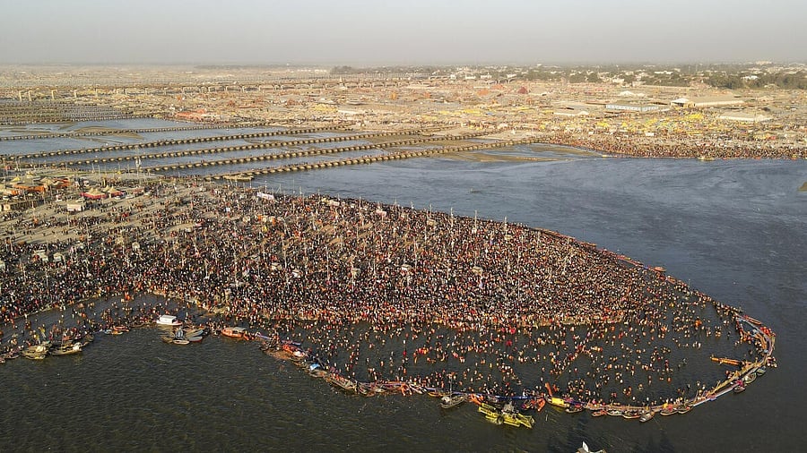 <div class="paragraphs"><p>An aerial view of devotees taking a holy dip at the Sangam area during the Maha Kumbh in Prayagraj. </p></div>