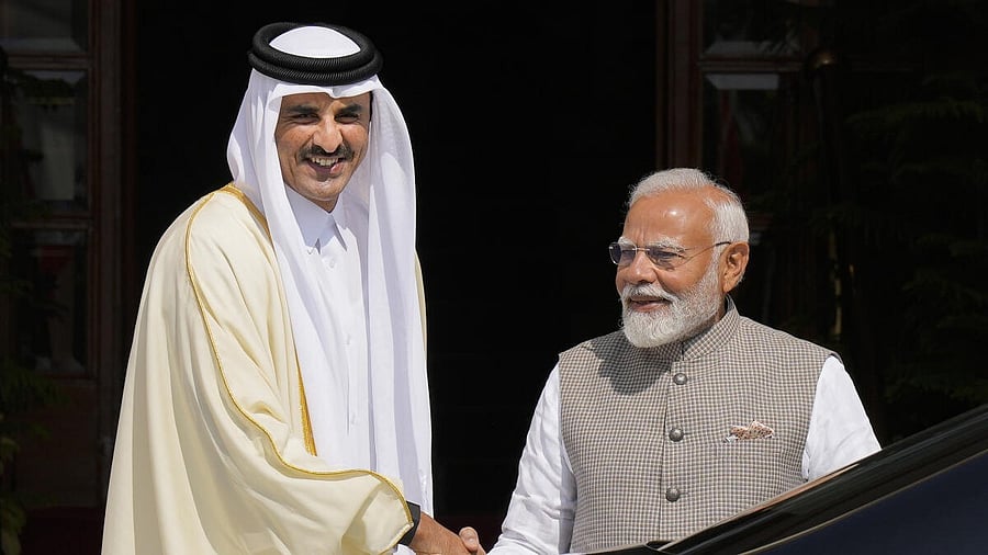 <div class="paragraphs"><p>Prime Minister Narendra Modi and Amir of Qatar Sheikh Tamim Bin Hamad Al Thani prior to a meeting, at the Hyderabad House in New Delhi, Tuesday, Feb. 18, 2025.</p></div>