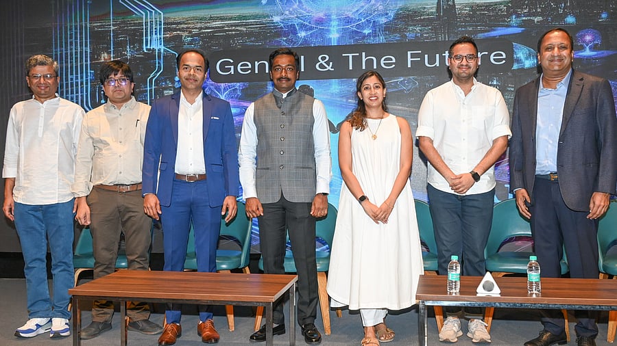 <div class="paragraphs"><p>(L-R) Sajju Jain, Board Member, Harvard Alumni Association; Arvind Saraf, Partner Engineering at Microsoft; Sooraj MM, President of Harvard Club of Bengaluru; MN Anucheth, Joint Commissioner of Police (Traffic); Sarayu Natarajan, Founder of Aapti Institute; Sanvar Oberoi, Partner, Ikigal Capital; and Tobby Simon, Founder and President of Synergia Foundation at the event in the city on Saturday. </p></div>