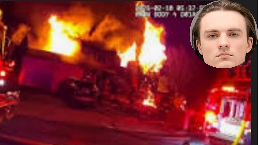 <div class="paragraphs"><p>Screengrab of the house which was set on fire and a picture of Harrison Jones (inset).</p></div>