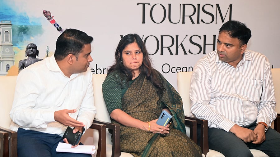 <div class="paragraphs"><p>Dakshina Kannada DC Mullai Muhilan MP sharing a word with Tourism Director Dr Rajendra K V and Tourism secretary Salma Fahim during coastal Karnataka Tourism workshop in Mangaluru. </p></div>