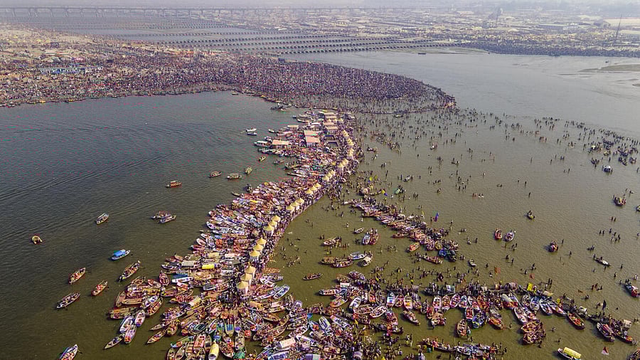 <div class="paragraphs"><p>An aerial view of devotees at the Sangam during the ongoing Maha Kumbh Mela 2025, in Prayagraj, Uttar Pradesh.</p></div>