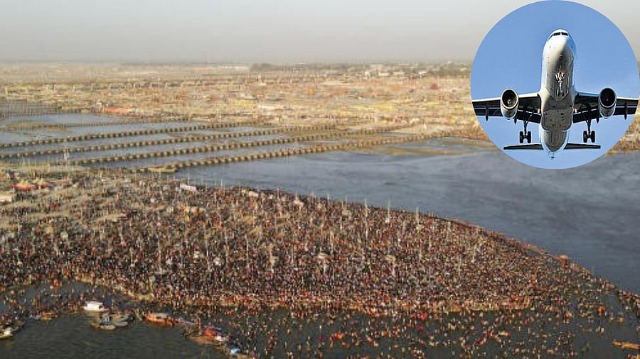 <div class="paragraphs"><p>An aerial view of devotees taking a holy dip at the Sangam area during the ongoing ‘Maha Kumbh Mela’ festival, in Prayagraj, Uttar Pradesh and a representative image of an aircraft (inset).</p></div>