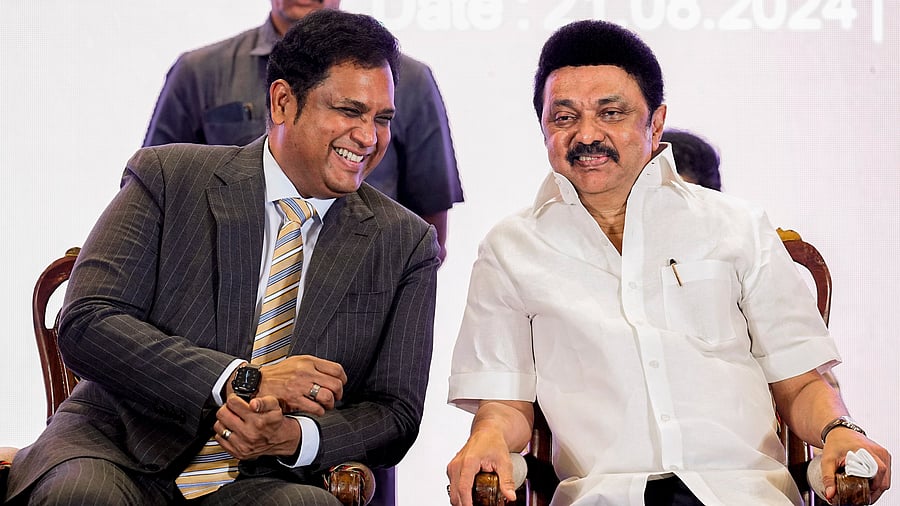 <div class="paragraphs"><p>Tamil Nadu Chief Minister MK Stalin and state Minister for Industries T R B Rajaa </p></div>