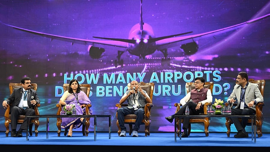 <div class="paragraphs"><p>Aviation pioneer Captain G R Gopinath speaks at the panel discussion on ‘How many airports does Bengaluru need?’ at DH Bengaluru 2040 summit, in Bengaluru on Friday. <br>(From left) M G Balakrishna, President, FKCCI, Khushboo Goel Chowdhary,<br>Managing Director, KSIIDC, Vivek Menon, civic activist & serial entrepreneur and Gautham Machaiah, senior journalist, are seen. </p></div>