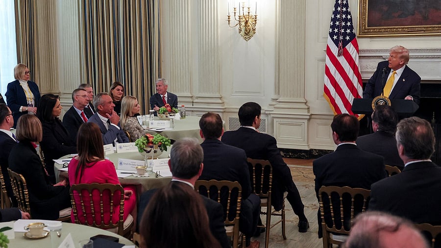 <div class="paragraphs"><p>Maine Governor Janet Mills(L) stands as US President Donald Trump speaks during a business session with US governors who are in town for the National Governors Association's  annual winter meeting, at the White House in Washington, DC, US, February 21, 2025. </p></div>