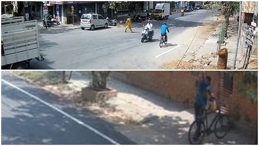 <div class="paragraphs"><p>(Clockwise) CCTV grab of the thief riding away with the stolen bicycle on Banaswadi Main Road;&nbsp;CCTV grab of a thief caught in the act of stealing a bicycle near a house in Banaswadi.</p></div>