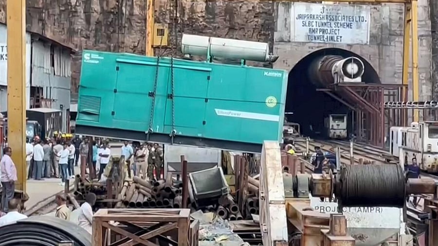 <div class="paragraphs"><p>Rescue operations underway after a section of the Srisailam Left Bank Canal (SLBC) project collapsed, in Nagarkurnool district, Sunday, Feb. 23, 2025. Eight workers are feared trapped.</p></div>