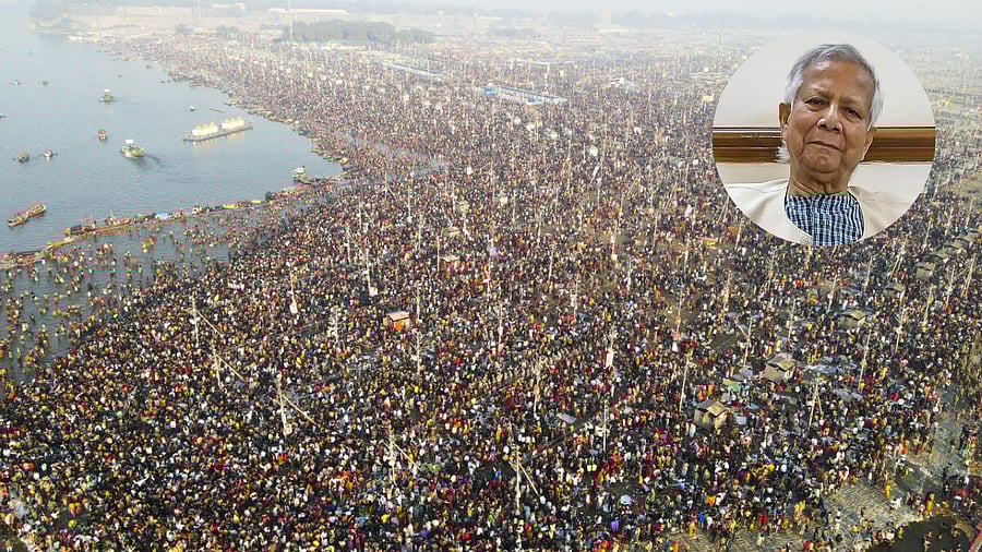 <div class="paragraphs"><p>Image showingcrowd at Maha Kumbh with an inset image of&nbsp;Muhammad Yunus.</p></div>