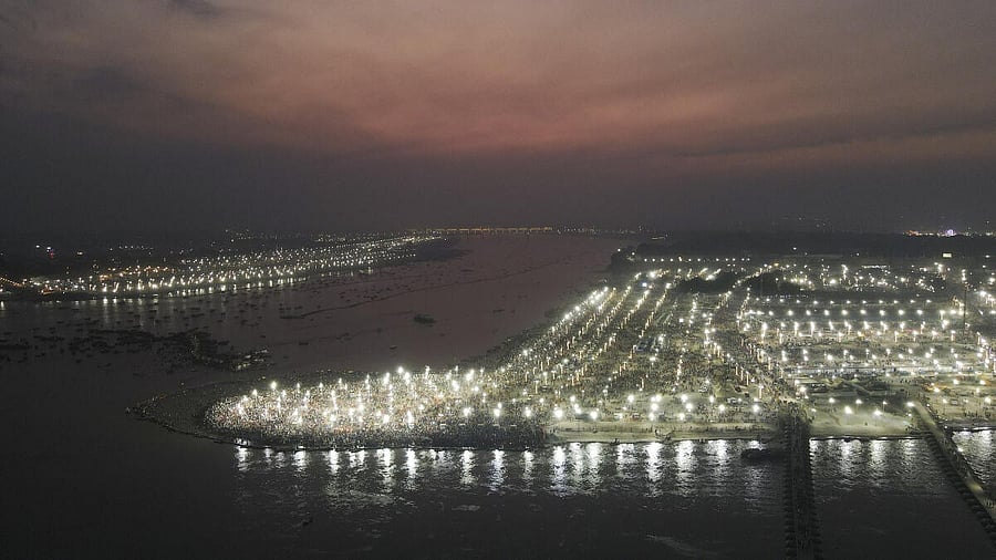 <div class="paragraphs"><p>An aerial view of the Sangam area after sunset, amid the ongoing ‘Maha Kumbh Mela’ festival, in Prayagraj, Uttar Pradesh, Friday, Feb. 21, 2025.</p></div>