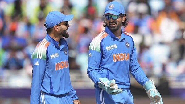 <div class="paragraphs"><p>India's KL Rahul and Virat Kohli during the Champions Trophy 2025 cricket match match between India and Pakistan, in Dubai, Sunday.&nbsp;</p></div>