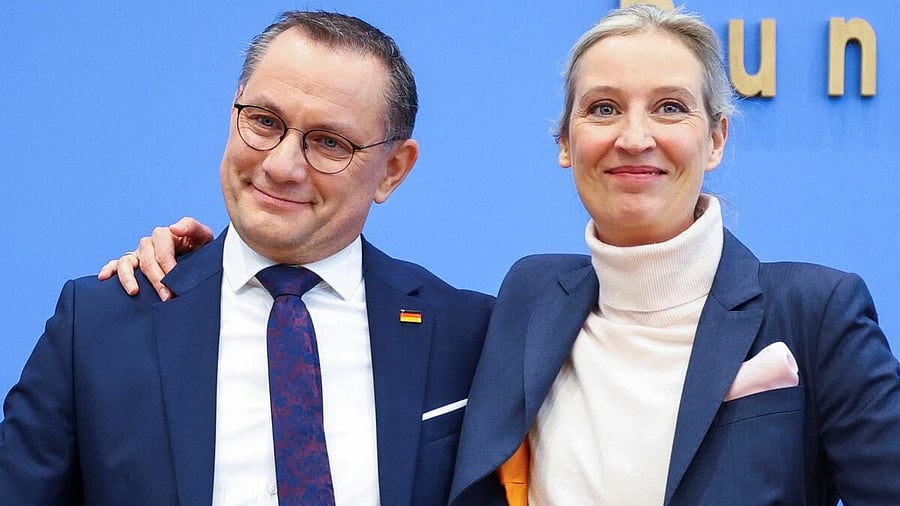 <div class="paragraphs"><p>Co-leaders of the far-right Alternative for Germany (AfD) party Alice Weidel and Tino Chrupalla attend a press conference after the German general election in Berlin, Germany.</p></div>