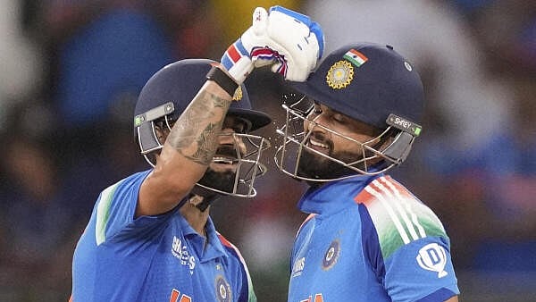 <div class="paragraphs"><p>Shreyas Iyer, right, celebrates his half century with Virat Kohli during a One Day International (ODI) cricket match of the ICC Champions Trophy between India and Pakistan, at Dubai International Cricket Stadium.</p></div>