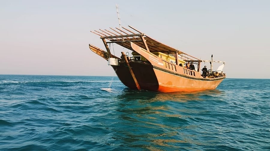 The boat, seized by the Coastal Security Police and Indian Coast Guard, near St Mary's Island at Malpe near Udupi on Tuesday.