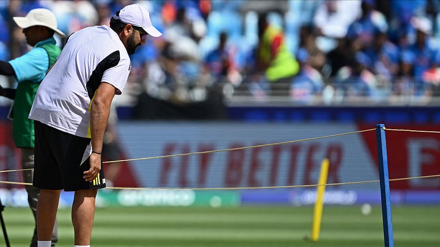 <div class="paragraphs"><p>Indian skipper Rohit Sharma inspects the Dubai pitch.&nbsp;</p></div>