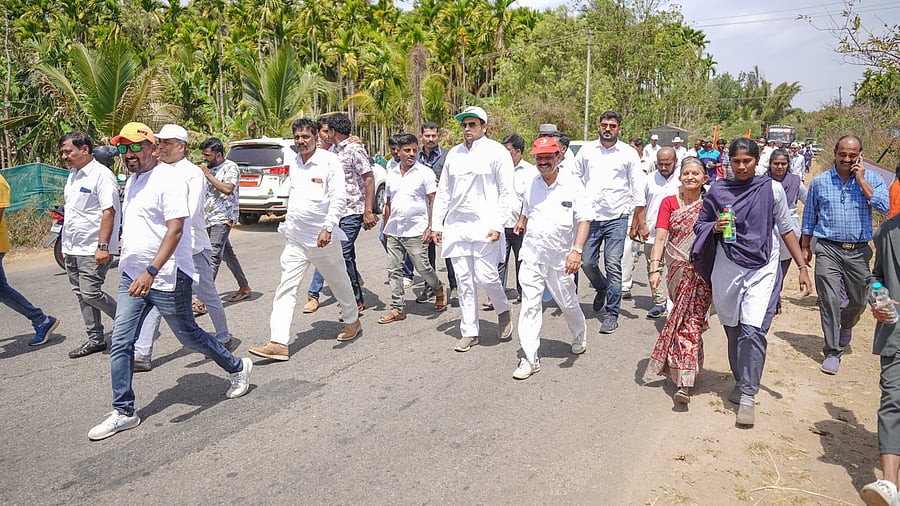 <div class="paragraphs"><p>M P Yaduveer Wadiyar, former MLA M P Appacchu Ranjan and students took part in a padayatra from Chikka Aluvara to Kushalnagar, urging state government not to close Kodagu University.</p></div>