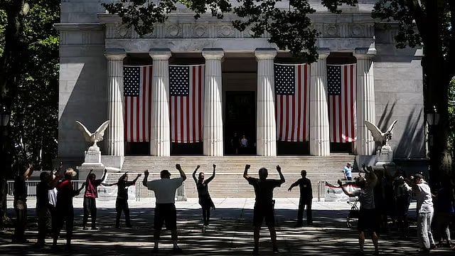 <div class="paragraphs"><p>Senior citizens exercise together in front of the General Grant National Memorial in upper Manhattan, in New York City.</p></div>