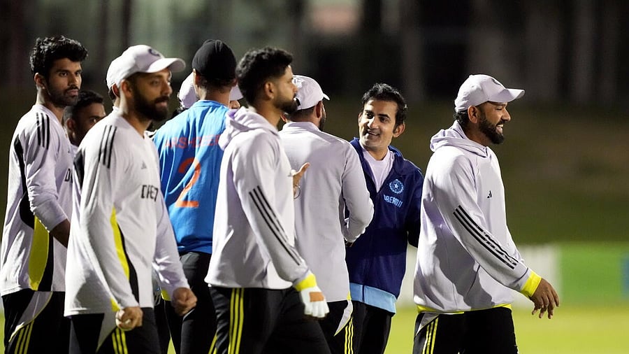 <div class="paragraphs"><p>India’s captain Rohit Sharma and head coach Gautam Gambhir and others during a practice session ahead of a One Day International (ODI) cricket match of the ICC Champions Trophy between India and New Zealand, at ICC Academy Ground No 2 , in Dubai, UAE, Friday, Feb. 28, 2025.</p></div>