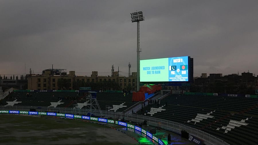 <div class="paragraphs"><p>General view as the big screen displays a message reading "match abandoned due to rain</p></div>