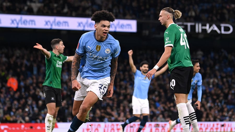 <div class="paragraphs"><p>Manchester City's Nico O'Reilly celebrates scoring their second goal against Plymouth, March 1, 2025.</p></div>