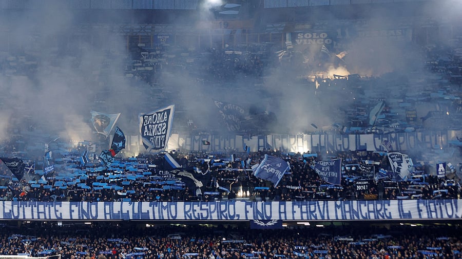 <div class="paragraphs"><p>Napoli fans with flares and flags in the stands, March 1, 2025.</p></div>