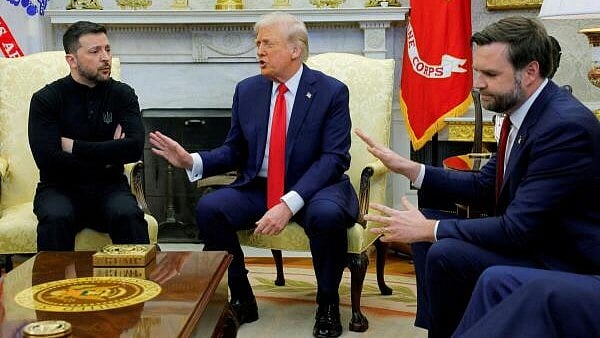 <div class="paragraphs"><p>U.S. President Donald Trump meets with Ukrainian President Volodymyr Zelenskiy as U.S. Vice President JD Vance reacts at the White House in Washington.</p></div>