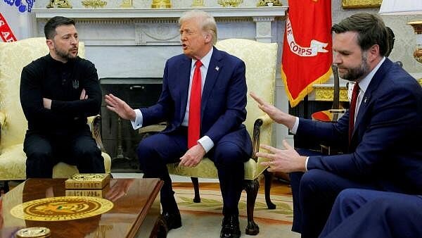 <div class="paragraphs"><p>US President Donald Trump meets with Ukrainian President Volodymyr Zelenskyy as US Vice President JD Vance reacts at the White House in Washington, D.C., US, February 28, 2025.</p></div>