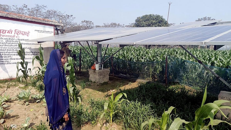 <div class="paragraphs"><p>Indu Devi looks at her solar pump in in Suryahi village of Bihar’s Muzaffarpur.</p></div>