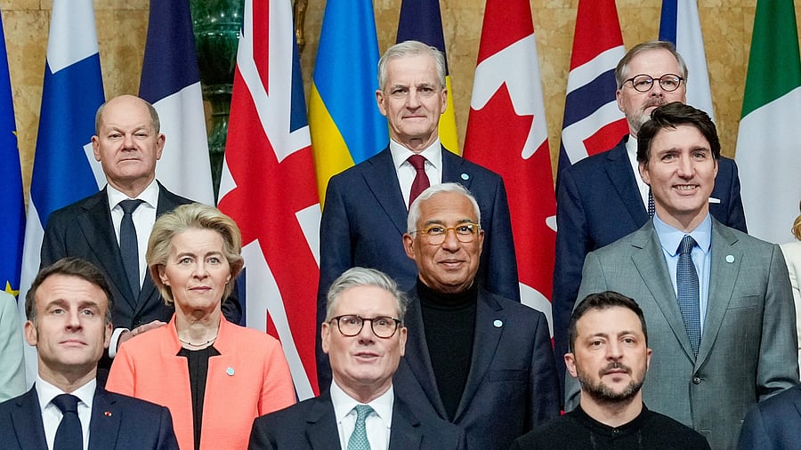 <div class="paragraphs"><p>Britain's Prime Minister Keir Starmer, President Volodymyr Zelenskiy, anfd French President Emmanuel Macron are seen, among other European leaders&nbsp;at Lancaster House in London, Britain, March 2, 2025.</p></div>