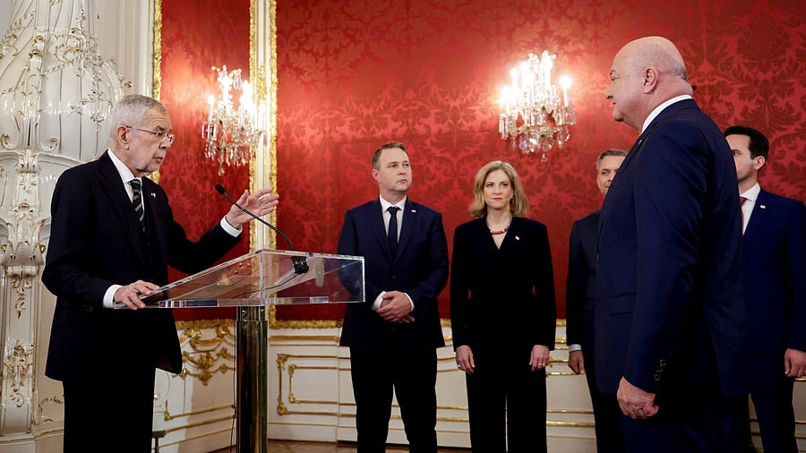 <div class="paragraphs"><p>Austria's President Alexander Van der Bellen swears in head of People's Party Christian Stocker as the new Chancellor during the swearing-in ceremony of a new government at Hofburg Palace in Vienna, Austria, March 3, 2025. </p></div>