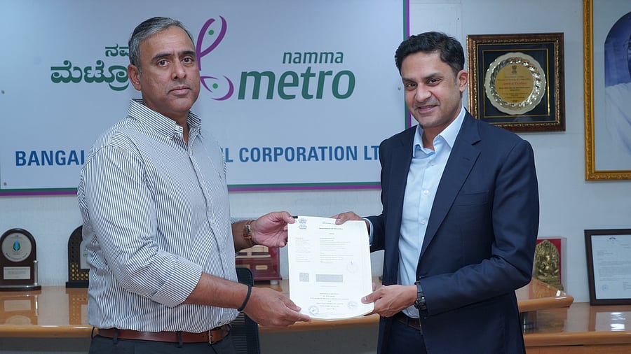 BMRCL Managing Director M Maheshwar Rao (left) and Embassy REIT CEO Ritwik Bhattacharjee signed the agreement on February 28. BMRCL