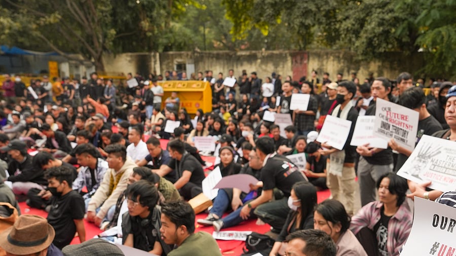 <div class="paragraphs"><p>People from Manipur take part in a protest against the ongoing ethnic violence in the state, at Jantar Mantar, in New Delhi, Saturday, March 1, 2025.</p></div>