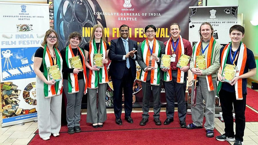 <div class="paragraphs"><p>Winning students being felicitated at the University of Montana on the sidelines of the Indian Film Festival in Missoula, Montana</p></div>
