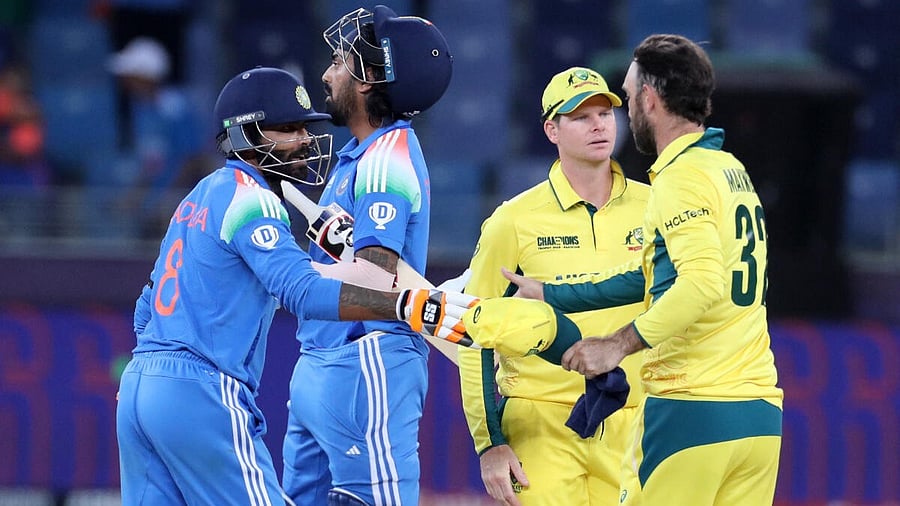 <div class="paragraphs"><p>India's Ravindra Jadeja and KL Rahul shake hands with Australia's Steven Smith and Glenn Maxwell after the match.</p></div>