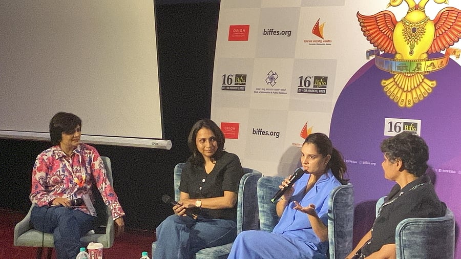 <div class="paragraphs"><p>Actor-politician Ramya speaks at a panel discussion on "Women in Cinema: Challenges, Triumph and the road ahead," at BIFFes in Bengaluru on Thursday.&nbsp;&nbsp;Cinematographer, Preetha Jayaraman, and director-screenwriter B V Nandini Reddy are seen.&nbsp;</p></div>