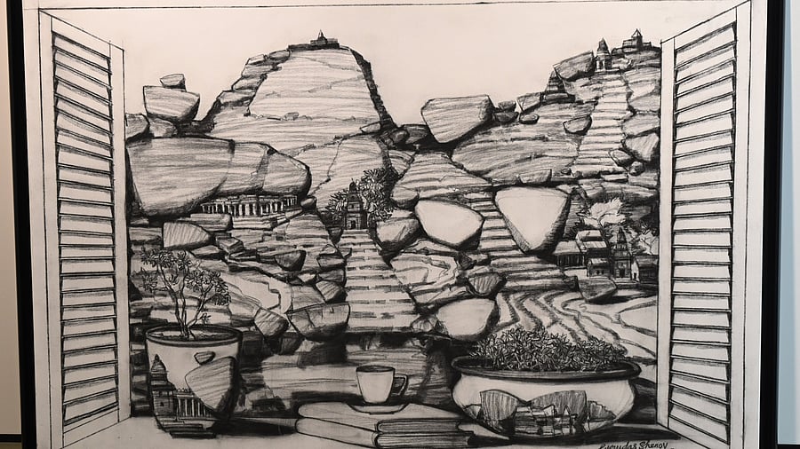 <div class="paragraphs"><p>The charcoal works depict the boulders of Hampi, temples, potted plants and books.&nbsp; </p></div>