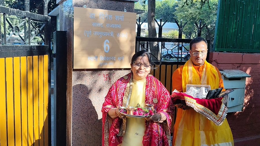 <div class="paragraphs"><p>Rajya Sabha MP Dinesh Sharma, who held a housewarming ceremony for his new residence, shared a photo on X showing the new nameplate</p></div>