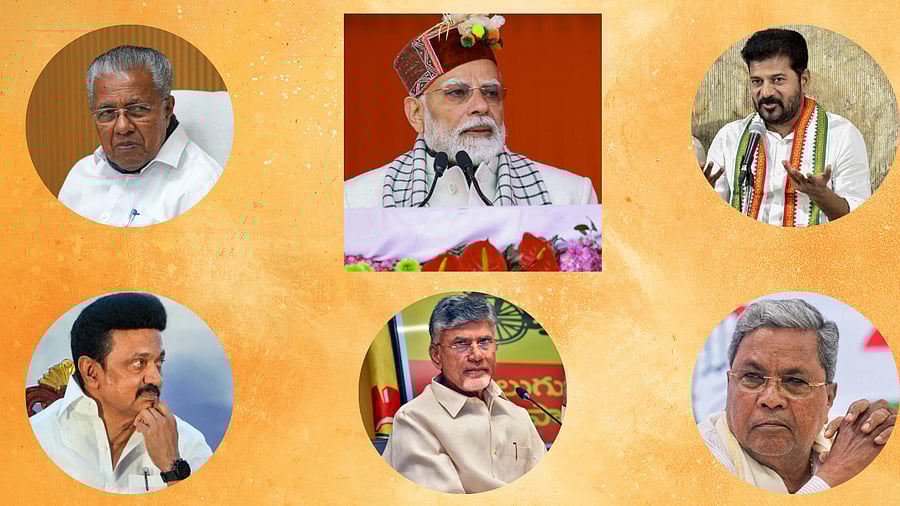 <div class="paragraphs"><p>A collage showing PM Narendra Modi in the centre, surrounded with inset images of CMs of southern states (from top right) - Revanth Reddy of Telangana, Siddaramaiah of Karnataka, Chandrababu Naidu of Andhra Pradesh, M K Stalin of Tamil Nadu, and Pinarayi Vijayan of Kerala</p></div>