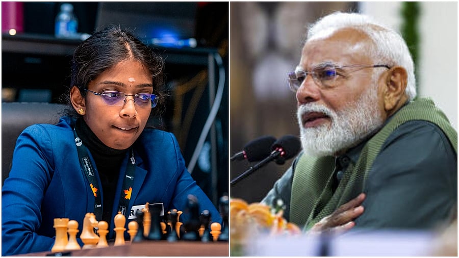 <div class="paragraphs"><p>(From L to R) Chess Grandmaster Vaishali; Prime Minister Narendra Modi&nbsp;</p></div>