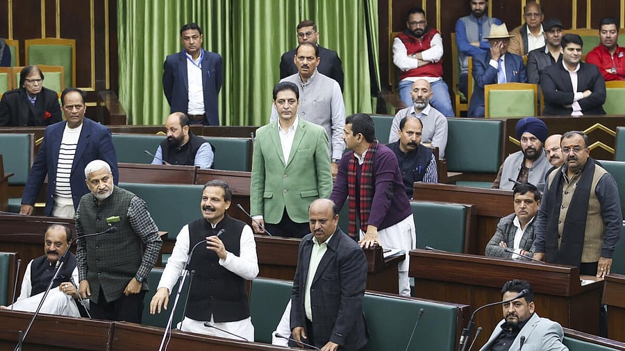 <div class="paragraphs"><p>Opposition leaders shout slogans during the Budget session of the J&K Assembly, in Jammu, Saturday, March 8, 2025.</p></div>