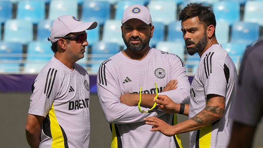 <div class="paragraphs"><p>India's head coach Gautam Gambhir (left), skipper Rohit Sharma (centre) and Virat Kohli during a practice session ahead of the Champions Trophy final against New Zealand in Dubai on Saturday. </p></div>