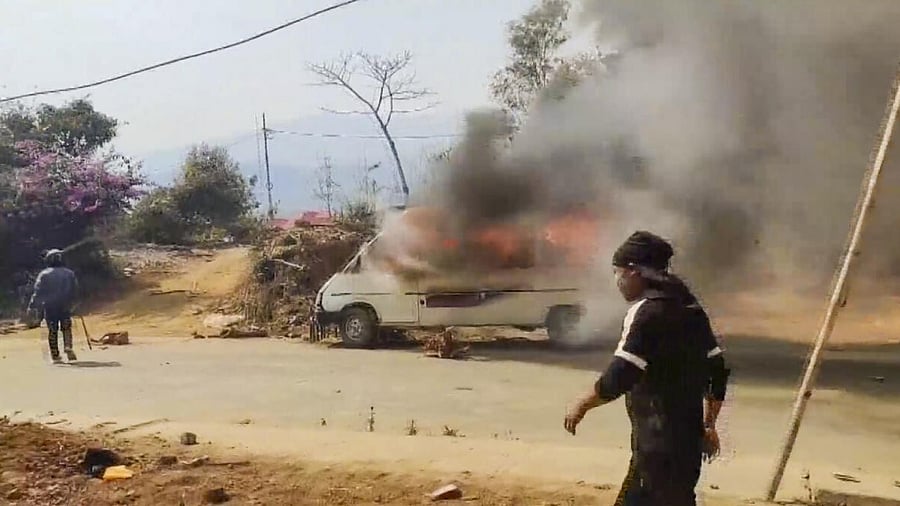 <div class="paragraphs"><p>A vehicle in flames after Kuki protesters clashed with security personnel on day one of their Manipur Free Movement, Kangpokpi district, Saturday, March 8, 2025.</p></div>