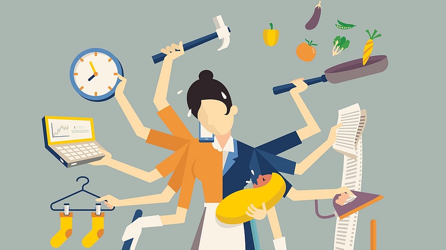 <div class="paragraphs"><p>Illustration showing a woman trying to balance professional commitments and domestic chores</p></div>